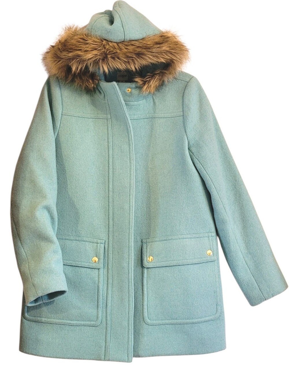 J. Crew Chateau Parka Wmn 8 Wool Blend Seafoam Blue Full Zip Snap Faux Fur Hood
